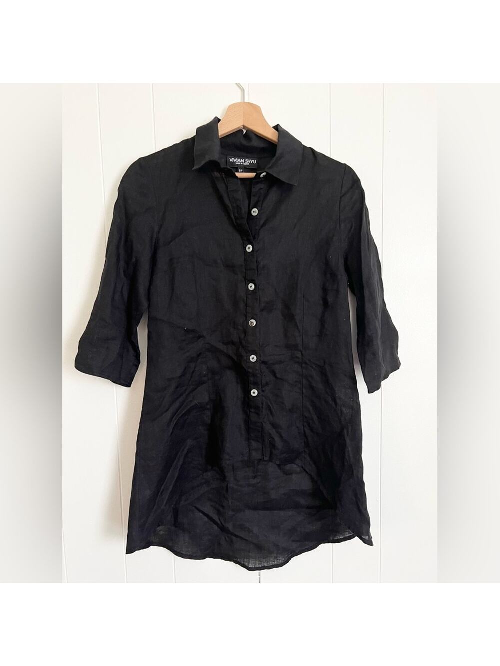Vivian shyu black linen button down blouse summer lagenlook